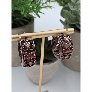 Vintage Copper Hoop Earrings Enamel Sparkle Post Back 1" Hoop 1/4" Wide